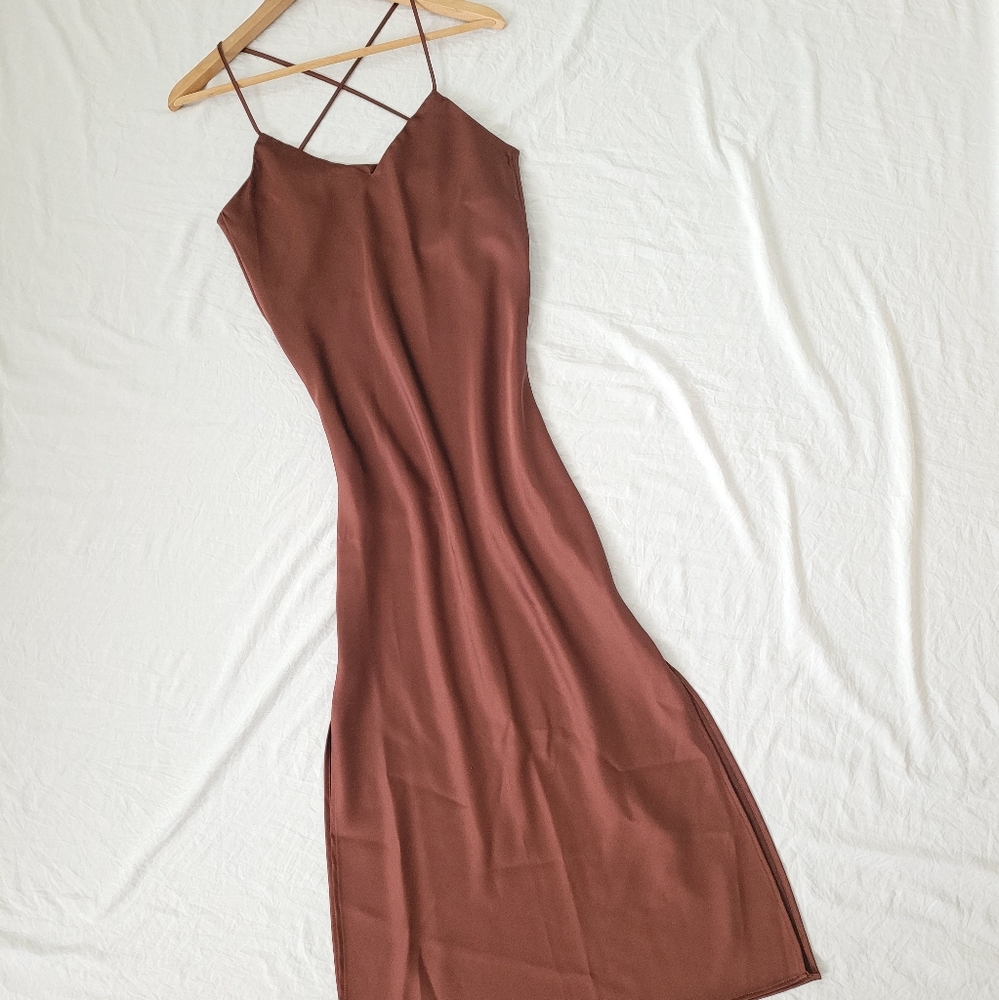 Topshop Brown Satin Midi Dress